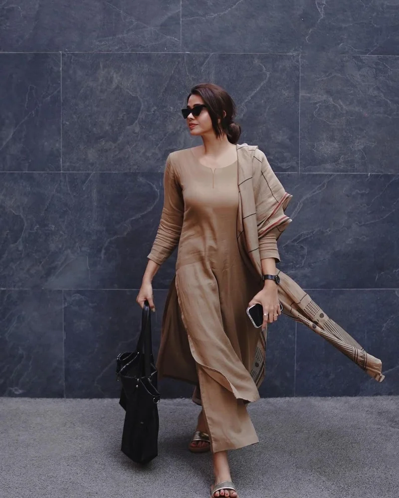 GoSriKi Beige GoSriKi Women's Rayon Blend Straight Solid Kurta with Pant & Dupatta (Raja Saab Beige-GS_M_Beige_Medium) for Women | Best Price UAE